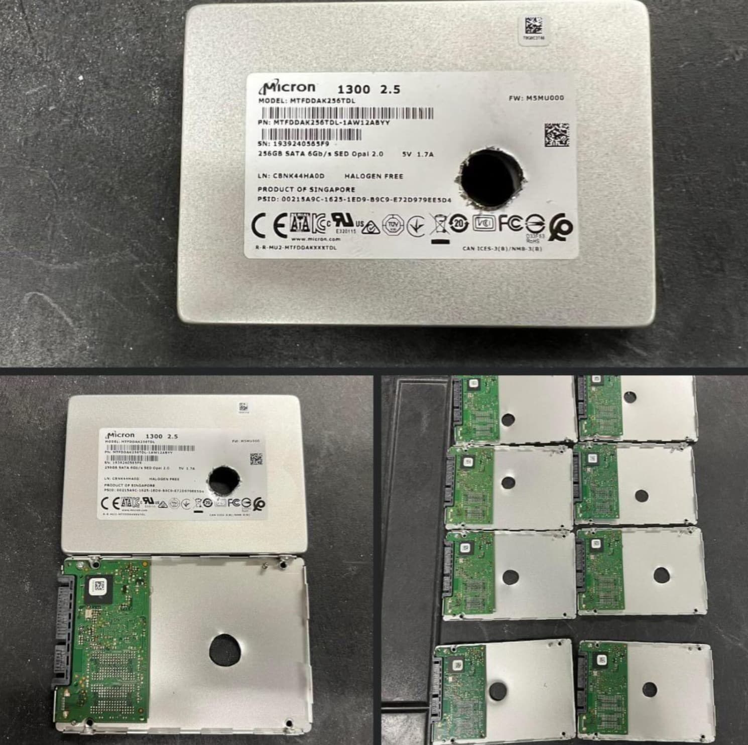 ssd drilled - Micron 1300 2.5 29808 Sata Sed Opel 20 Ln Concen Halogen Free Product Of Singapore Tv 1.76 Psed 2154918211809 Ch4720 Ceata 5280 Micron 1300 2.5 Model MTFDDAK256TDL Pn MTFDDAK256TDL1AW12ABYY Sn 1939240565F9 256GB Sata 6Gbs Sed Opal 2.0 Sv 1.7